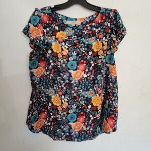 Loft Petites Multicolor Floral Print Cap Short Sleeve Blouse Top Sz Small Petite
